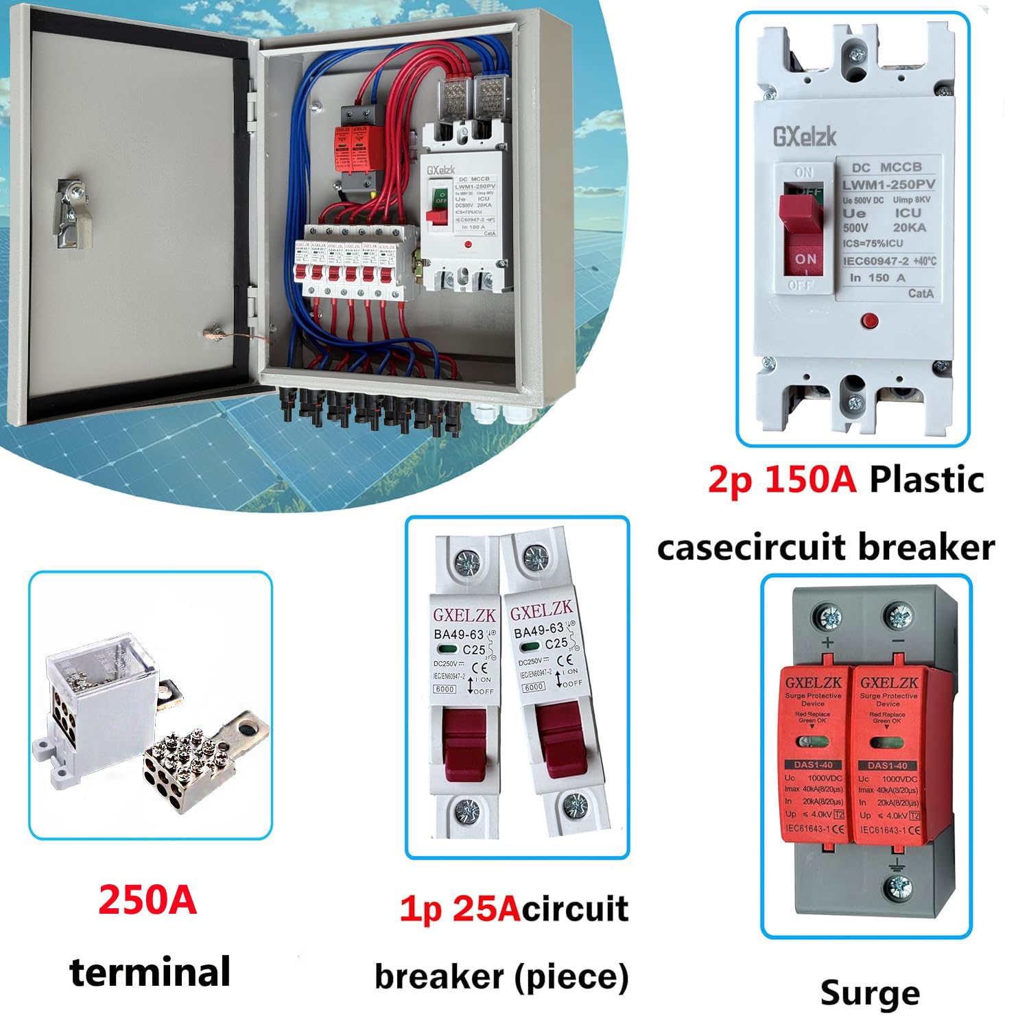 Solar Combiner Box 6 Strings 150A DC Main Circuit Breaker with Power Surge and 25A Circuit Breaker This PV Combiner Box is Suitable for On/Off-Grid Solar Power