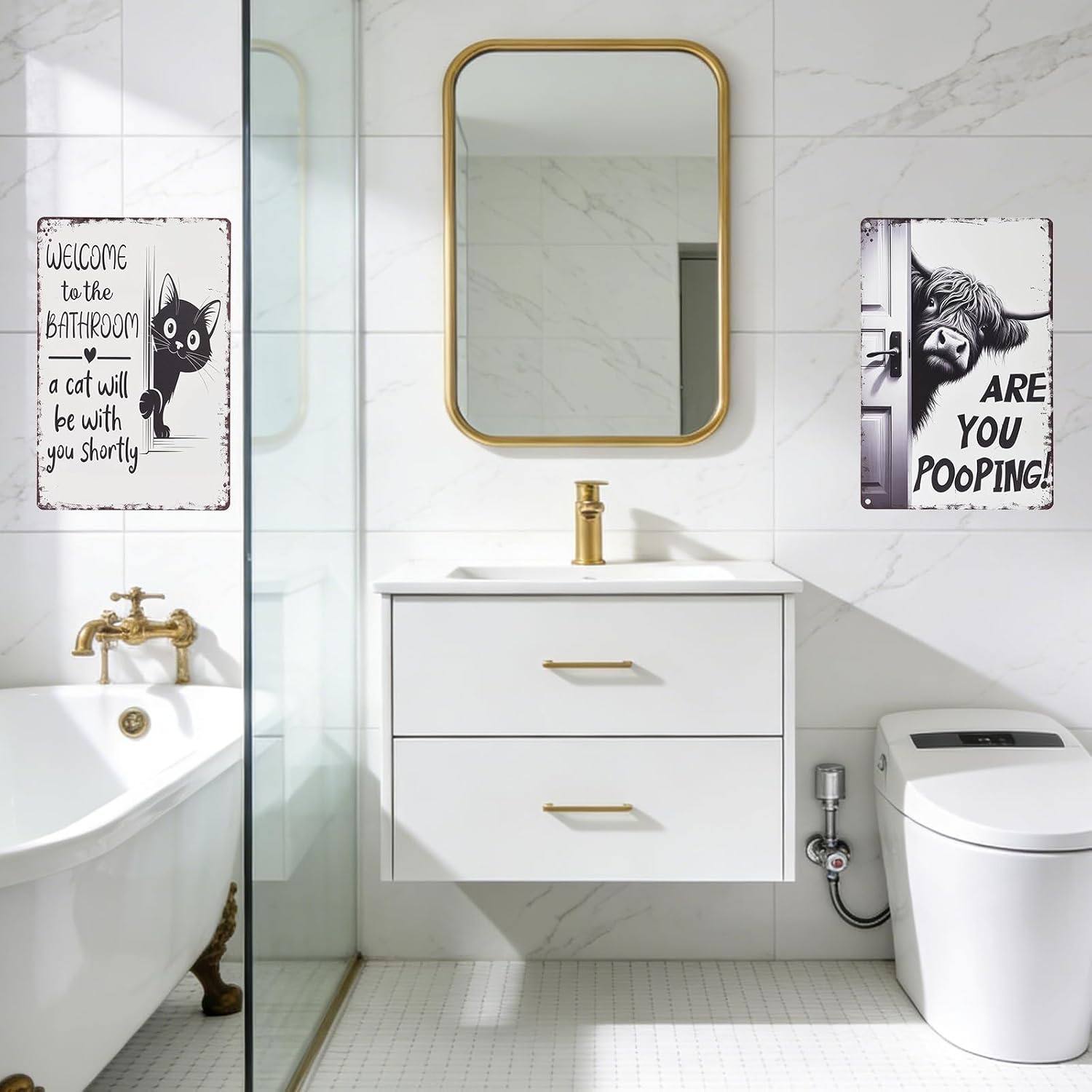 2 Pack Funny Bathroom Signs - Vintage Cat "A Cat Will Be With You Shortly" and Highland Cow "Are You Pooping?" Metal Tin Poster Set,8x12 Inch Toilet Decor，Unique Gift for Cat Lovers Animal Friends image 5