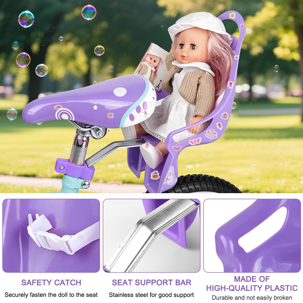 Seggiolino per Bicicletta per Bambole con Adesivi Fai da Te e Manubrio Stelle Filanti, Accessorio Bicicletta per Bambini