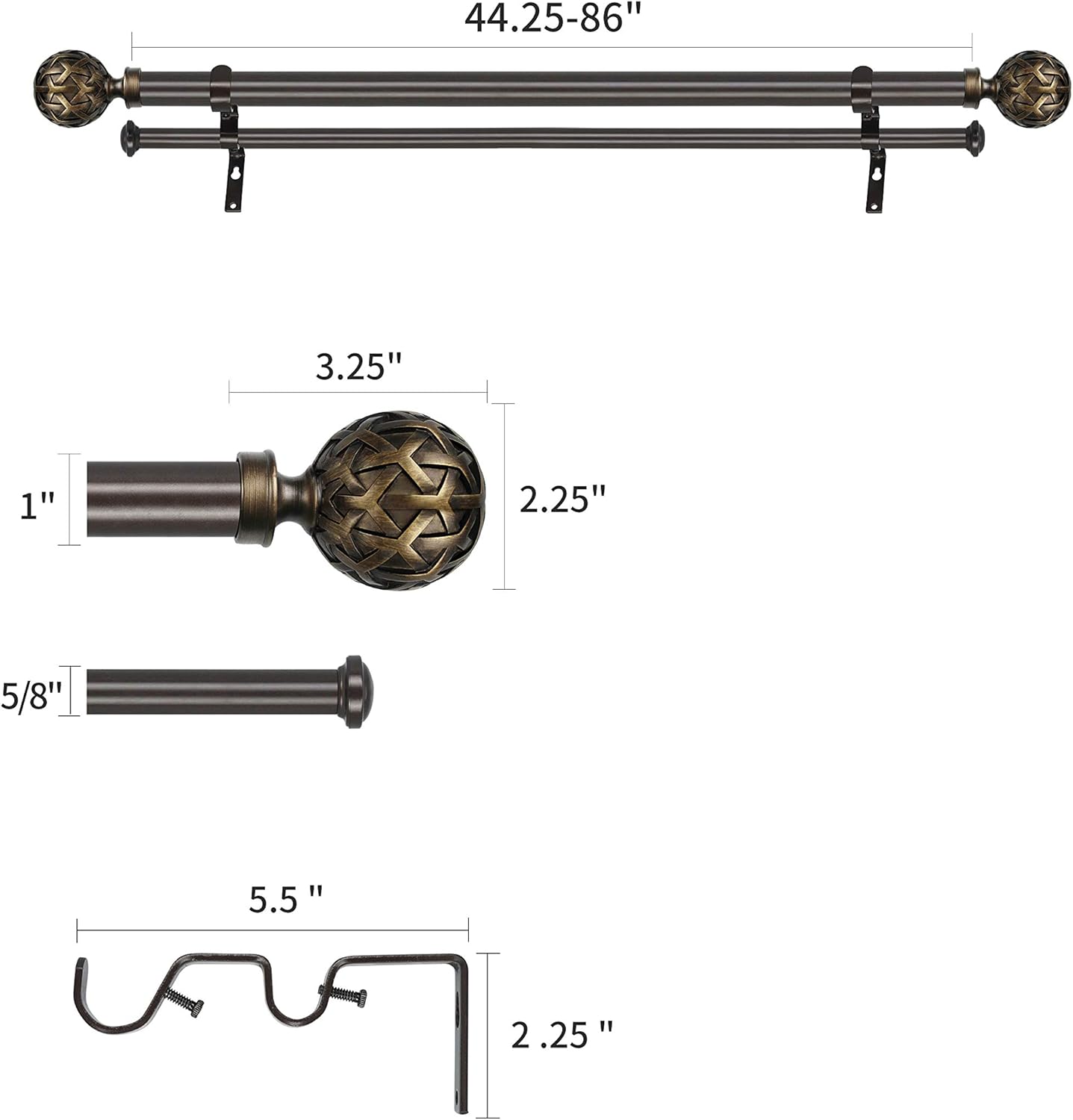1" Double Curtain Rod with Geo Ball Finials,Pompeii Bronze,48‘’-84‘’