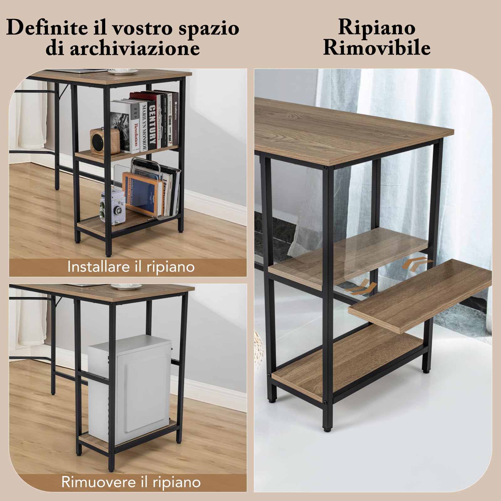 COSTWAY Scrivania Angolare 138 CM, Scrivania ad Angolo con 2 Prese, 2 Porte USB, Telaio in Acciaio al Carbonio e Ripiano a 2 Livelli Rimovibile, Scrivania Salvaspazio da Ufficio e Casa (Legno)