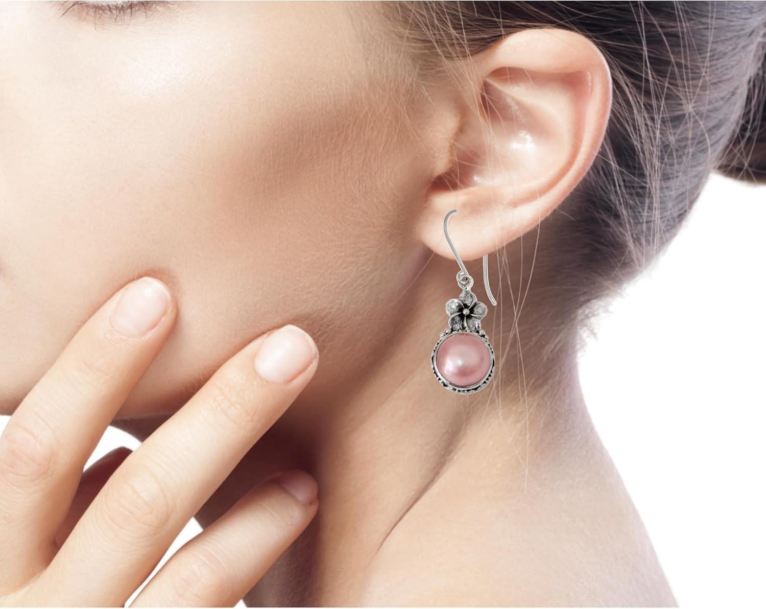 NOVICA Artisan Handmade Pearl Flower Earrings Sterling Silver Floral Dangle White Indonesia Birthstone [1.8 in L x 0.6 in W x 0.4 in D] ' Pink Frangipani'