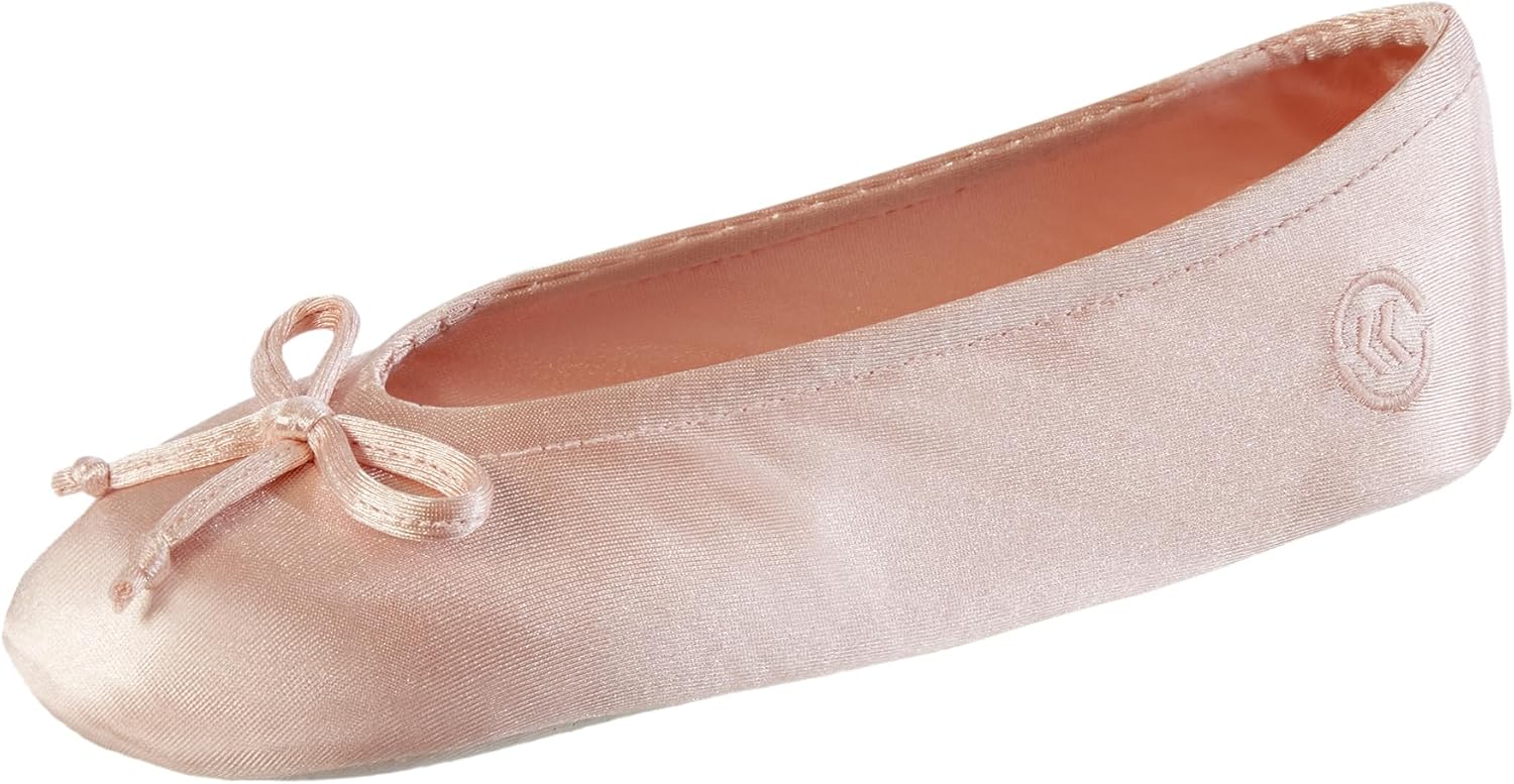 Isotoner Women's Classic Stretch Satin Ballerina Slippers with Sequin Bow - Luxurious Comfort & Travel-Ready