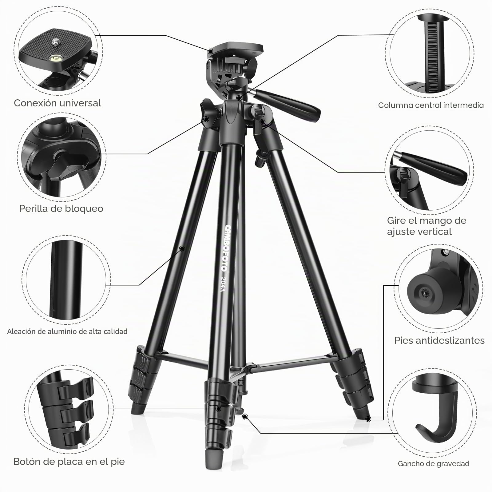 CAMBOFOTO Trípode para Teléfonos Móviles 135 cm, Aleación de Aluminio Ligero con Soporte para Móviles, Compatible con iPhone, Android, Smartphones, Cámaras DSLR y Sin Espejo