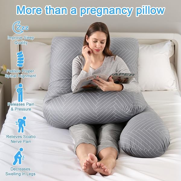 SHANNA Cuscino Gravidanza per Dormire, Cuscino Allattamento Neonato a Forma di U, 100% Cotone Cuscini per maternità e il Corpo Laterale con Federa Sfoderabile e Lavabile, 145 x 70cm(Grigio A Strisce) - 5