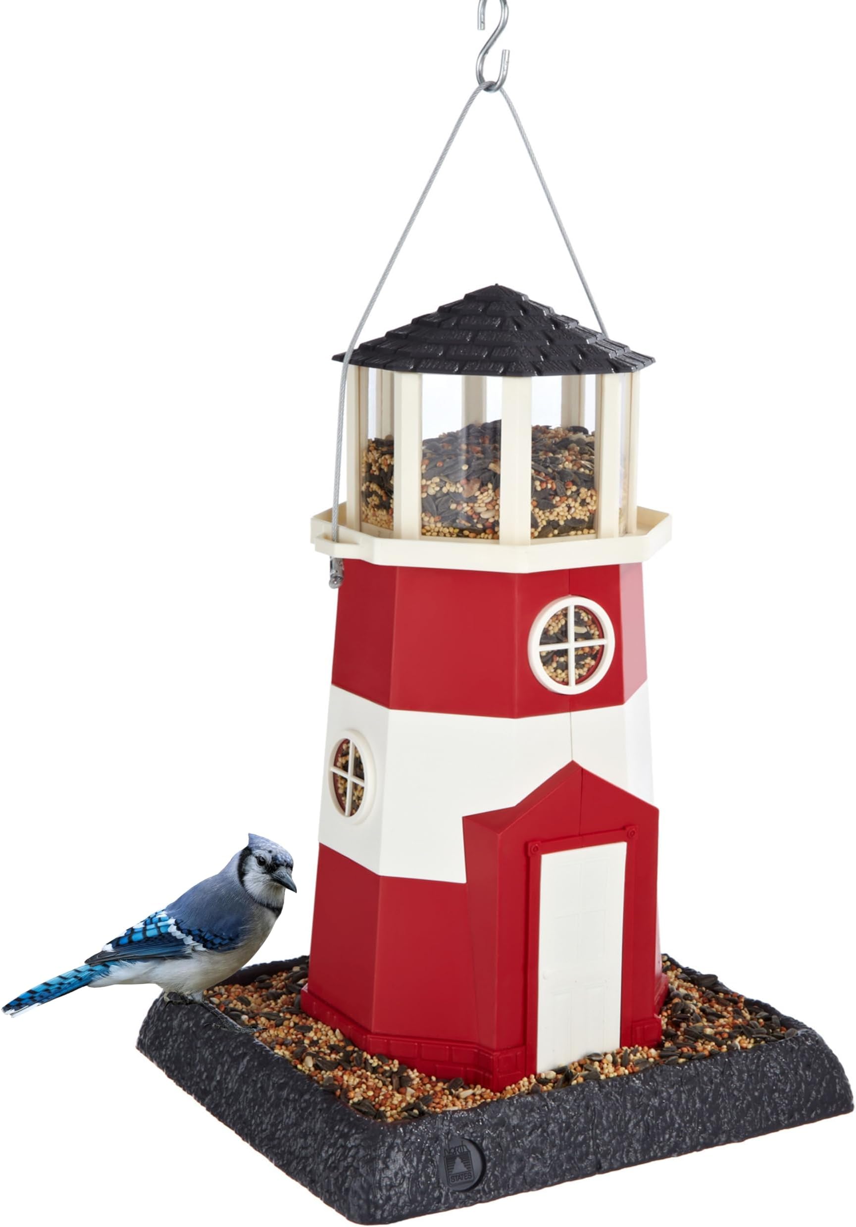 North States Village Collection - Large Red/White Lighthouse Bird Feeder: Hanging Bird Feeder for Outdoors, Holds 8 Pounds of Seed