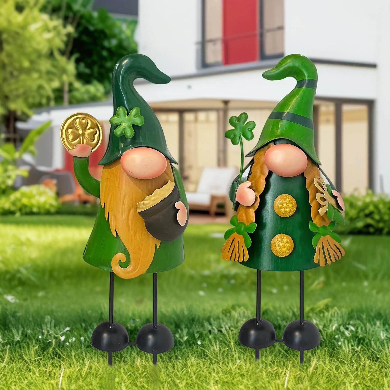 HONGLAND St Patricks Day Decorations Gnome Décor, 2Pc Metal Gnomes Figurine with Green Shamrock, Irish Leprechaun St Patrick's Day Decor for Home Outside Garden Lawn Party Yard Patio — image 1