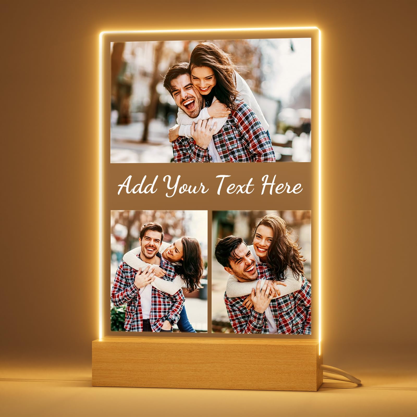 Bemaystar Personalised Photo Frame with 3 Photos - Custom Picture Frame Plaque with LED Base，Personalised Christmas Valentines Day Anniversary Birthday Gifts for Women Couple Men Her Him