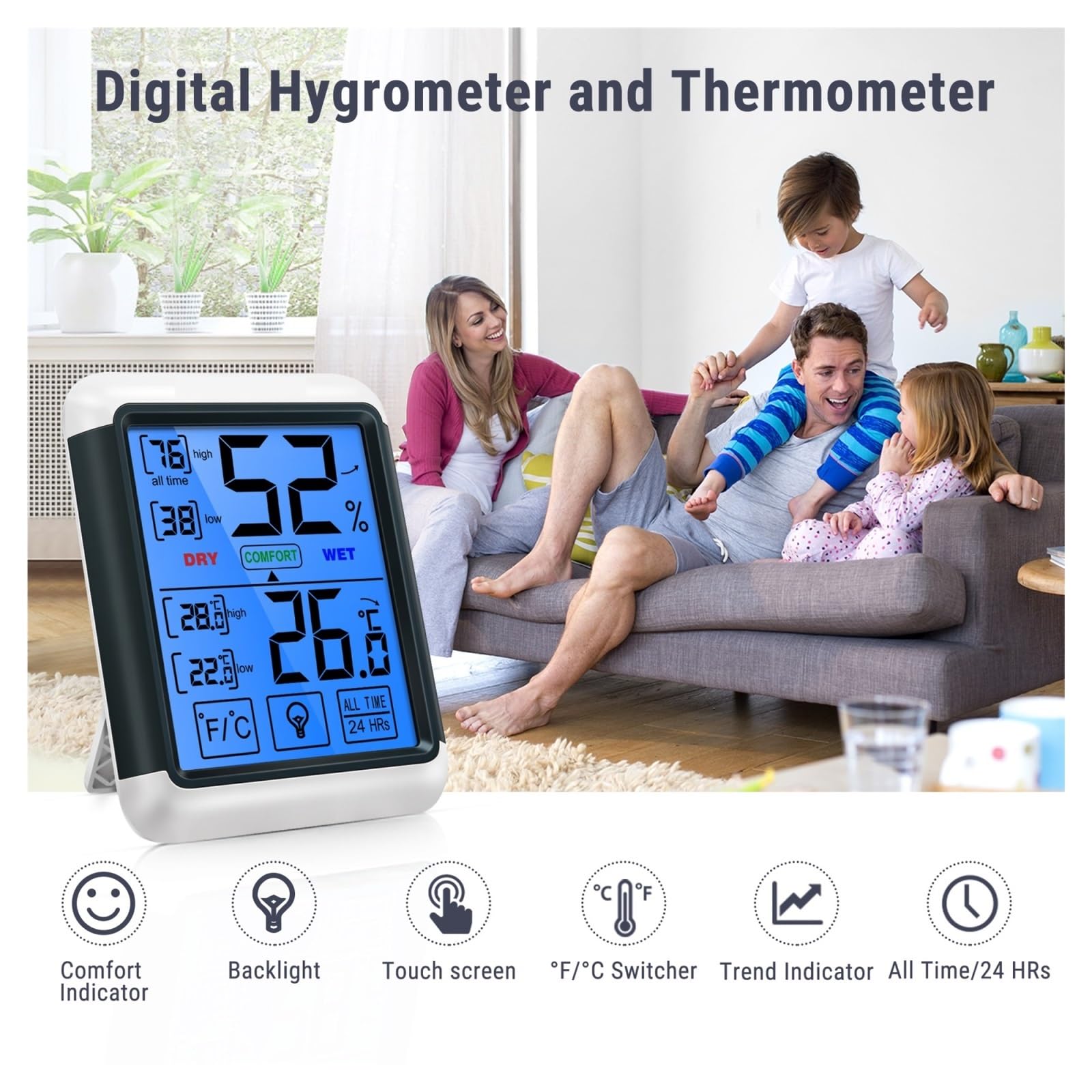 Thermomètre Numérique Intérieur Hygromètre Écran Tactile Rétro-éclairage Capteur De Température D'humidité Station Météo For La Maison Précis Rapide Surveillance Temps Réel