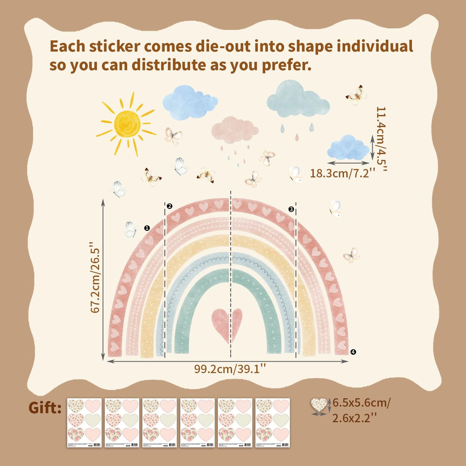 Neukids 67.2×99.2cm Rainbow Wall Stickers,Sun and Clouds and Hearts Wall Stickers Decor Peel and Stick,Kids Wallpaper Decor for Girls Bedrooms Livingroom Kindergarten Baby Nursery - Image 2