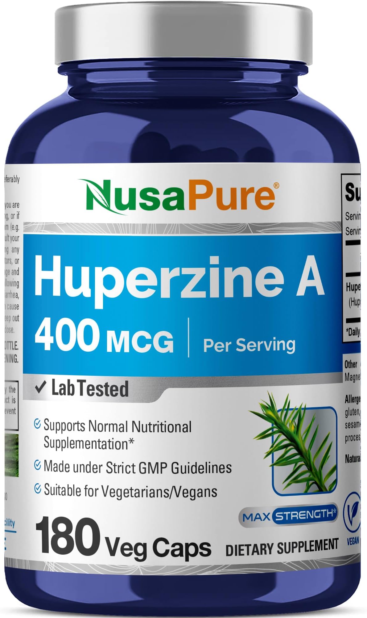 NusaPure Huperzine A 400mcg 180 Veggie Capsules (Vegetarian, Non-GMO, Vegan)