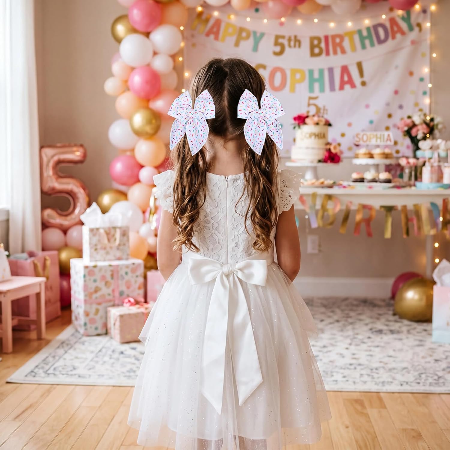 Birthday Fable Hair Bow Gifts for Teen Girls Women 2Pcs 5" Sprinkle Confetti Cotton Linen Ribbon Shaker Bow Alligator Clips Her Ice Cream Birthday Party Dress Decor Accessory Gift image 4