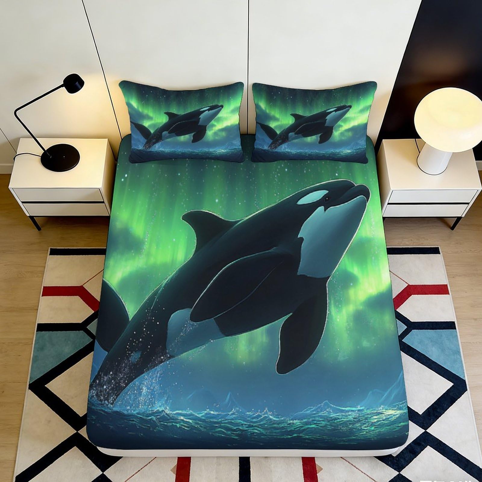 Ctjqhvmx Style-6 3D Printed Aurora Whale Fitted Sheet Microfiber Non-Slip Deep Pocket Bedroom Bedding Whale Design Mattress Fitted Cover Washable For Adults Teens 90X200x25cm 90X200x25cm