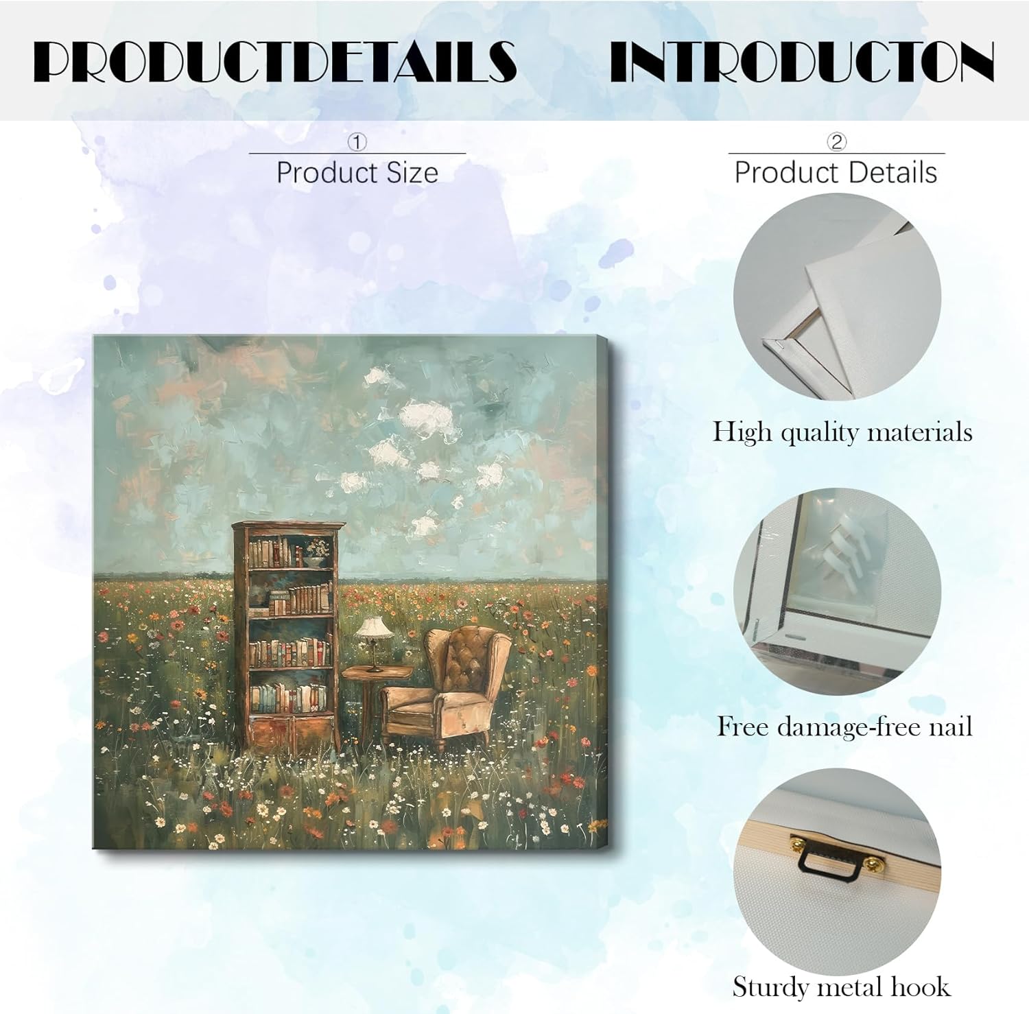 LSXARTQQ Vintage Book Nook Wall Art Whimsical Impressionist Flower Field Wall Decor Retro Book Club Home Library Decor Painting Picture Rustic Farmhouse Bookish Themed Canvas Print (16x16inch)