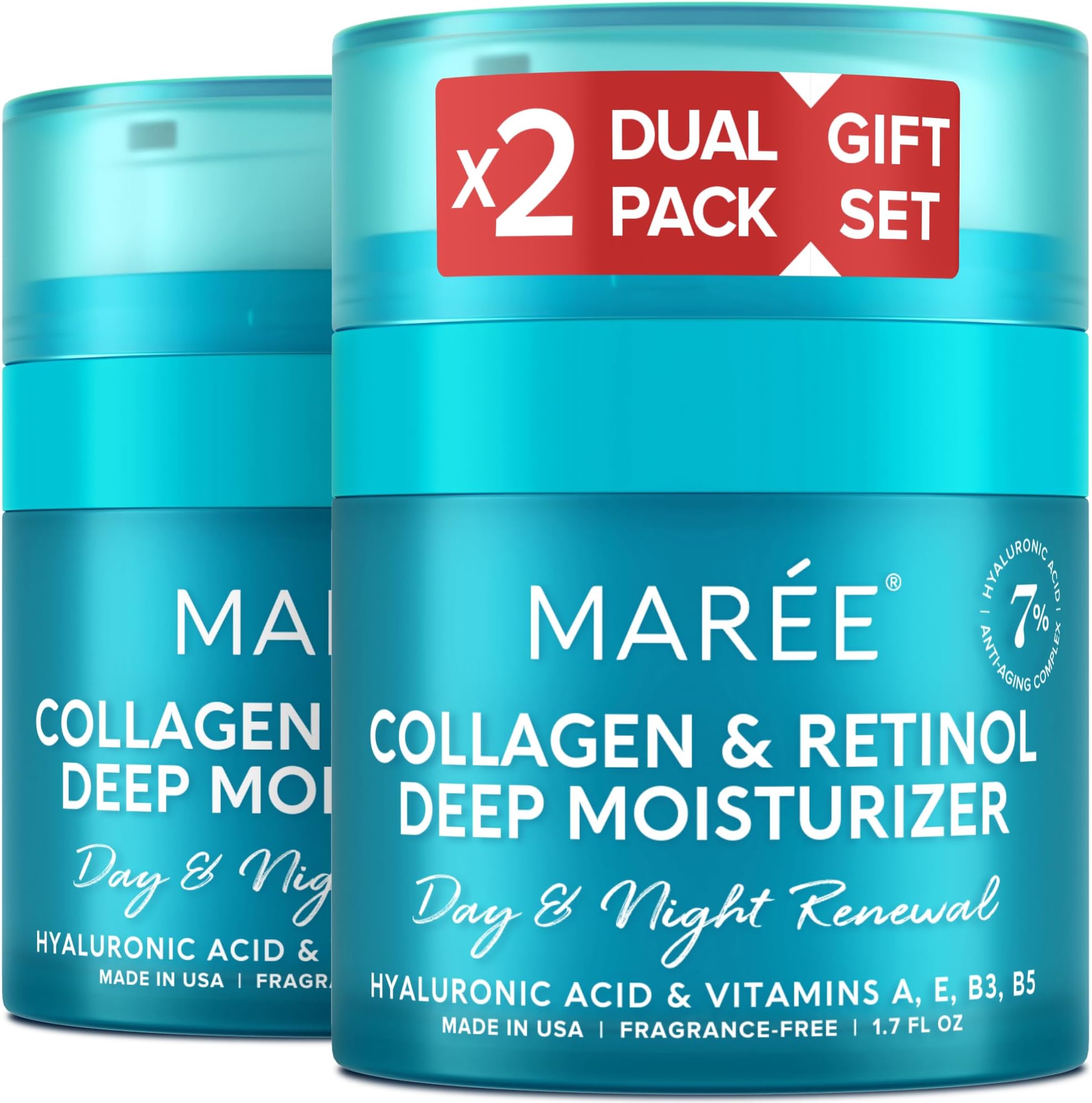 MAREE Face Moisturizer Collagen Cream for Face 2 Pack – Hyaluronic Acid & Retinol – Anti-Aging Wrinkle Creams – Crema Para La Cara