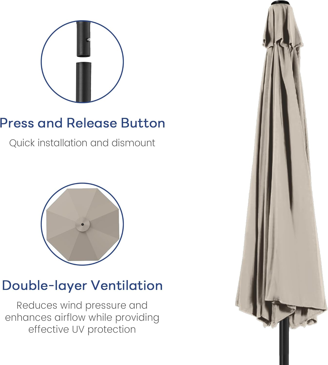 Kromax 9ft Outdoor Patio Umbrella, Outdoor Umbrella for Patio,Venting, with Internal Crank, for Garden Table, Ideal for Pool, Deck, Yard, Beach, Beige