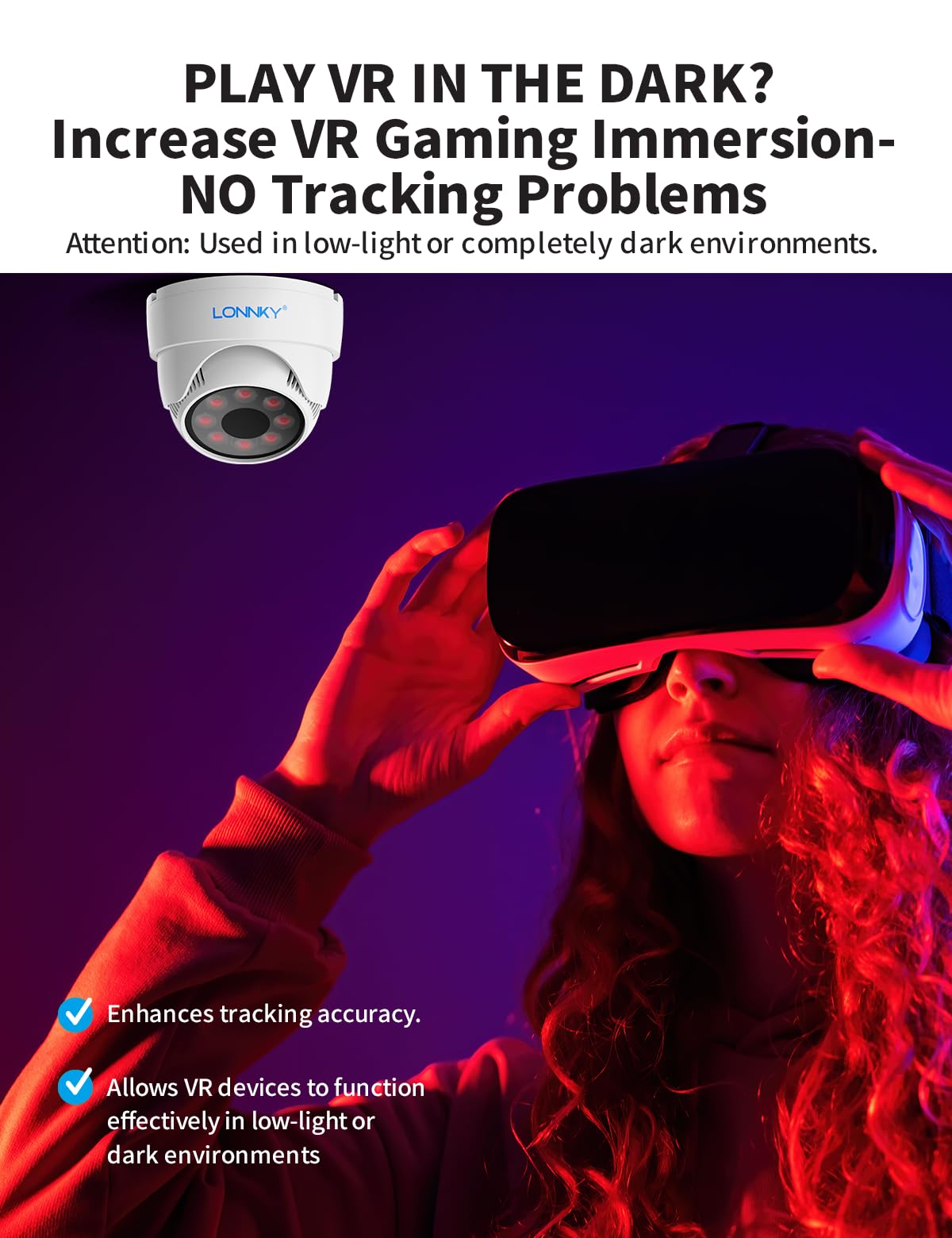 Lonnky Éclairage IR Intérieur pour Caméras et VR (Quest, Quest2, Quest3, PS VR2, PS5 VR2) — Infrarouge 850 nm, Câble de 2 m, Alimentation 12 V 1 A, Améliore la Vision Nocturne, B/W LED, Blanc