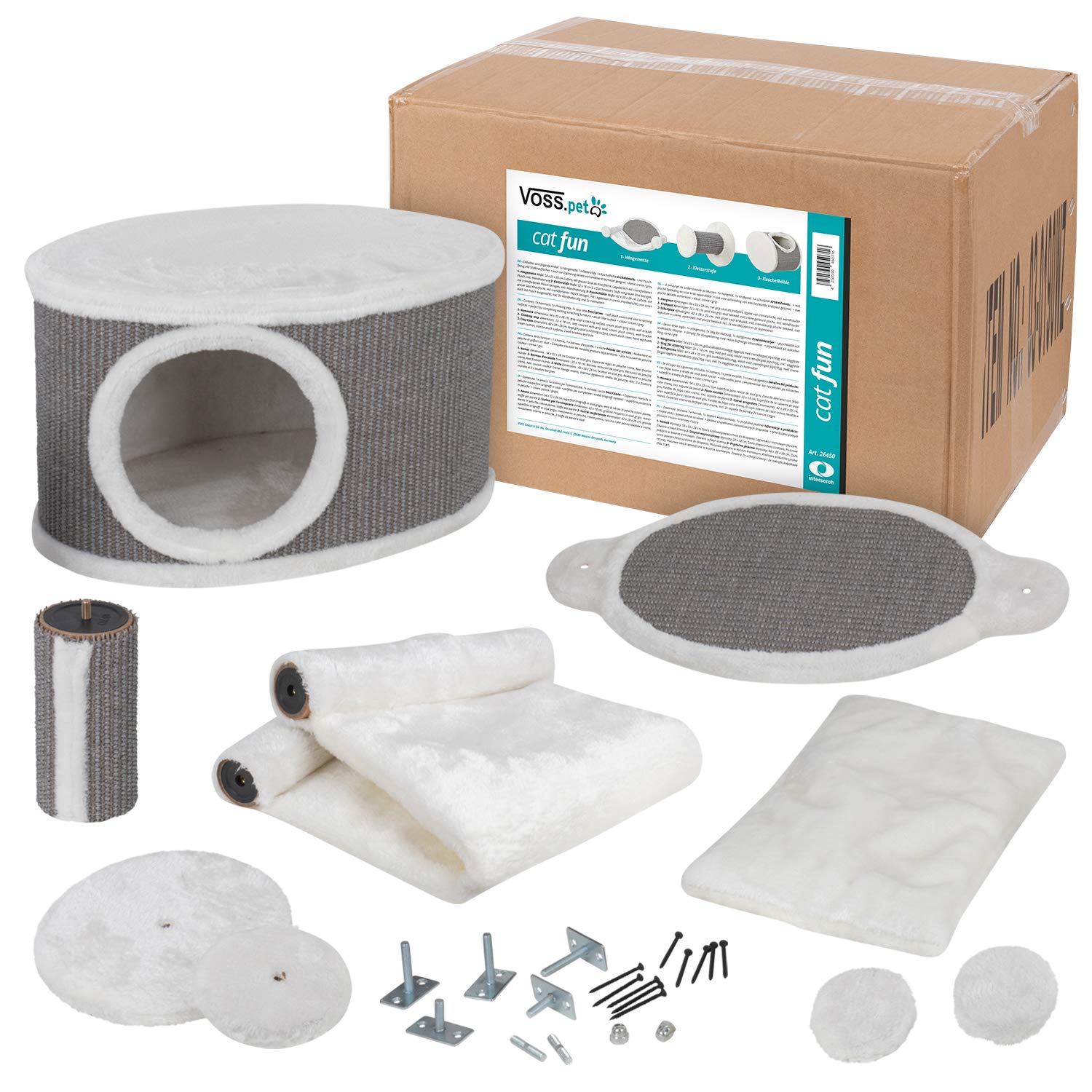 VOSS.PET Kletterlandschaft „cat Fun“ Kletterwand für Katzen Hängematte Kletterstufe Katzenhöhle Sisal Grau Weiß