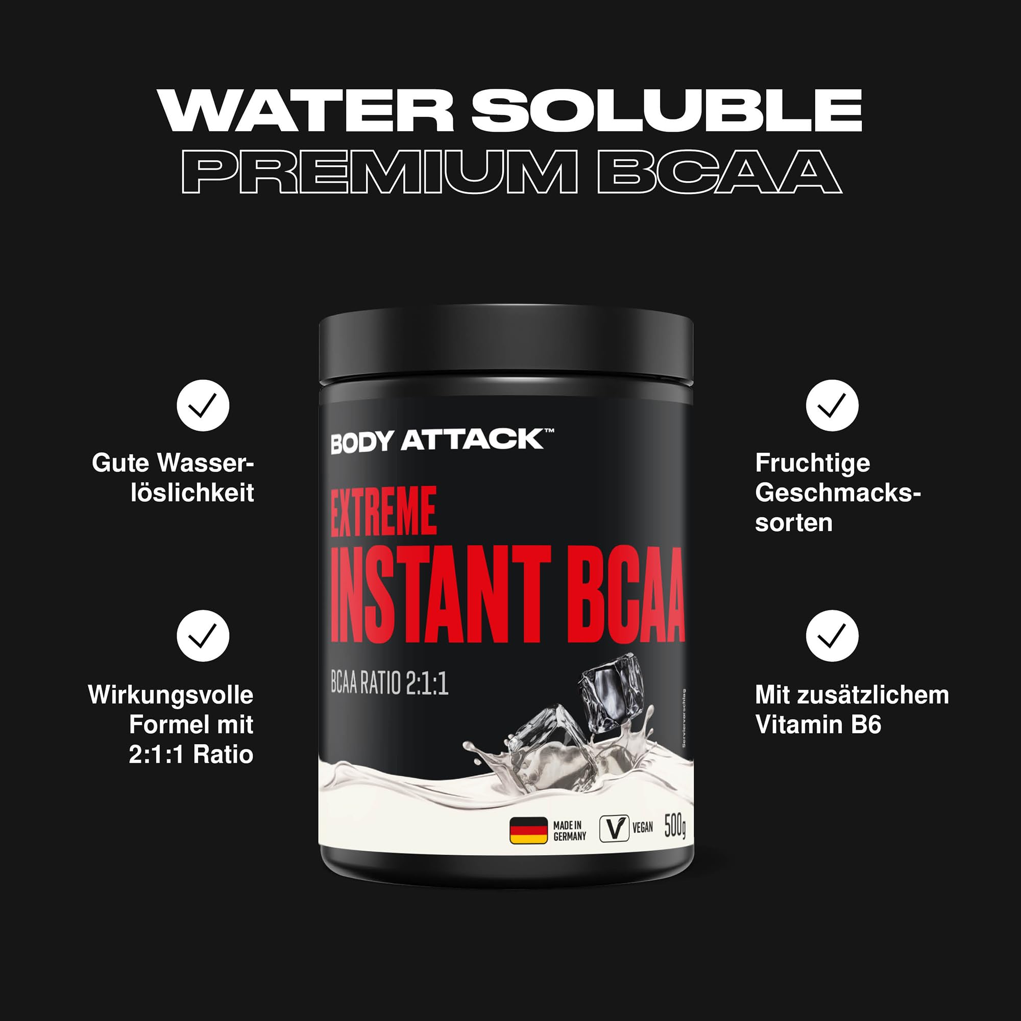 Body attack Extreme Instant BCAA - 500 g - Orange - Made in Germany - Gut lösliches, veganes BCAA Pulver im Verhältnis 2:1:1 - Zuckerfreie Aminosäuren für intensives Training - Mit L-Leucin