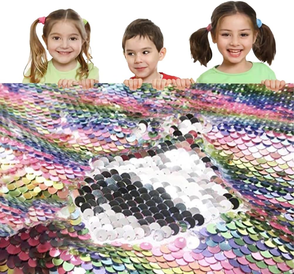 Mermaid Sensory Wall for Kids - Sequin Flip Fabric, High Density, Reversible, Graffiti, Pastel to Silver - 2yd, 50' x 72'