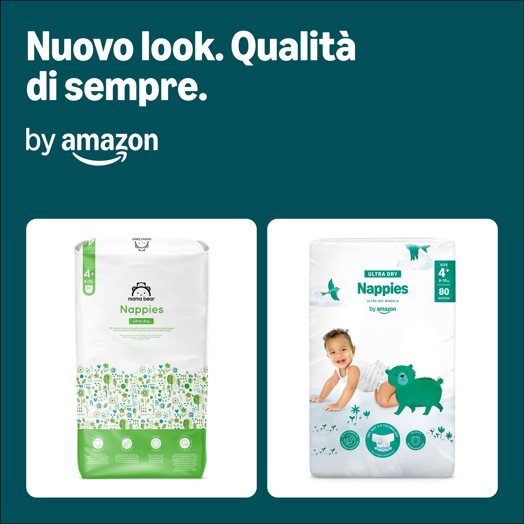 By Amazon Pannolini ultra asciutto, Taglia 4+ (9-15 kg), Con canali d'areazione, Bianco, 80 Unità (1 confezioni da 80) - Nuova versione (Precedentemente un marchio Mama Bear brand, stesso prodotto)
