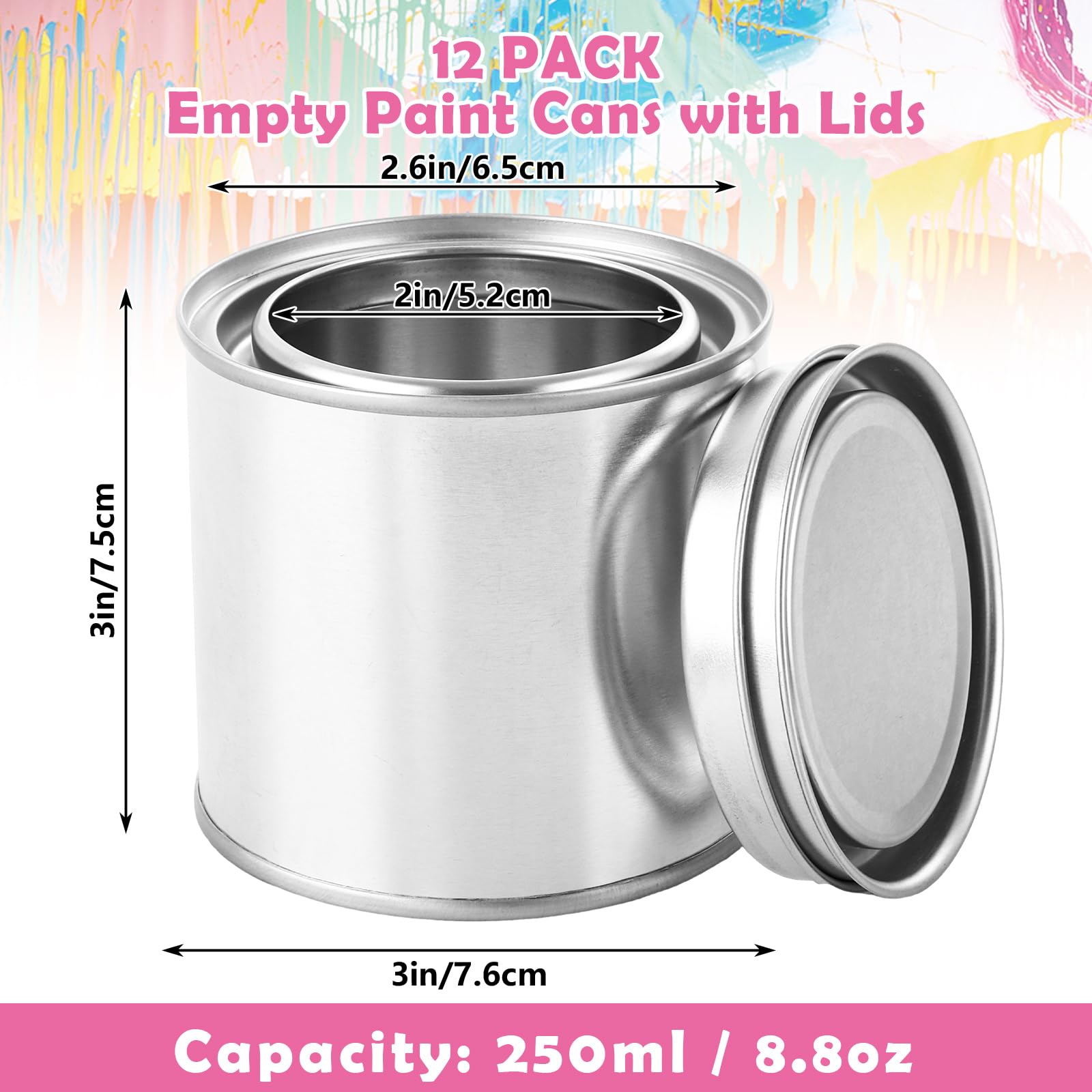 SENENQU Paquete de 12 latas de pintura de metal de 250 ml con tapas, latas de pintura vacías, contenedor de almacenamiento de pintura multiusos para manualidades, proyectos de bricolaje, organización