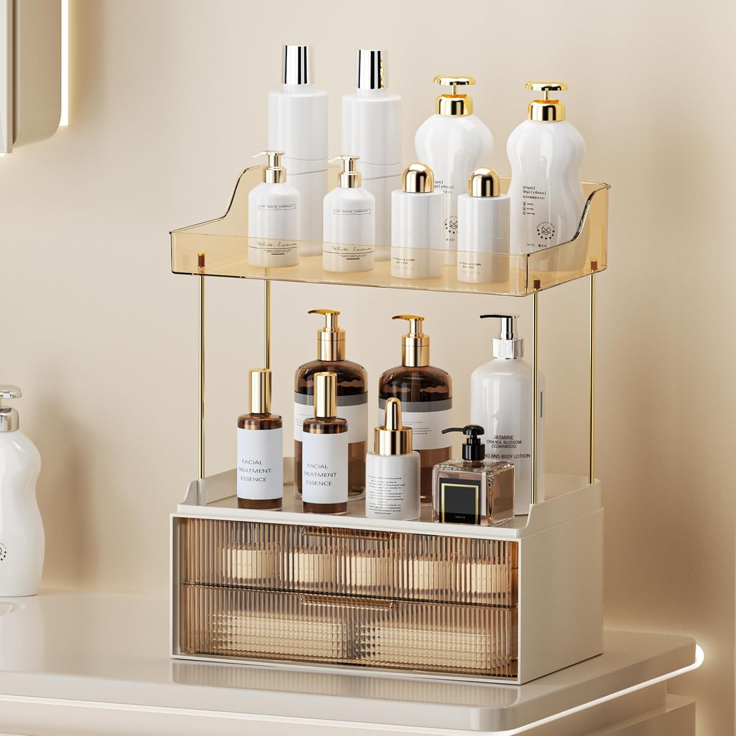 Shuang Qing 2-Tier 2-Drawer Bathroom Countertop Organizer - Multi-Purpose Makeup Storage Rack for Vanity, Cosmetic Counter Organizer (Gold)