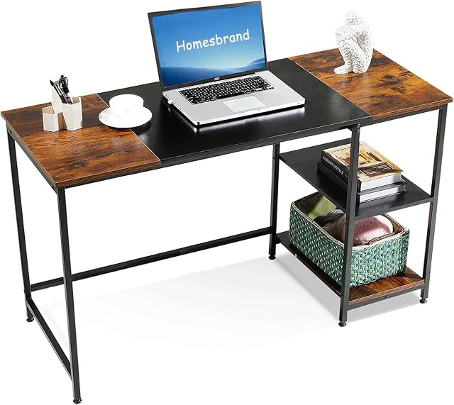 Homesbrand Computer Desk, Home Office Desk with Storage Shelves, Study Writing Workstation, Modern Style Desks for Home Office Bedroom Working, Wood and Metal, 140x50x75cm