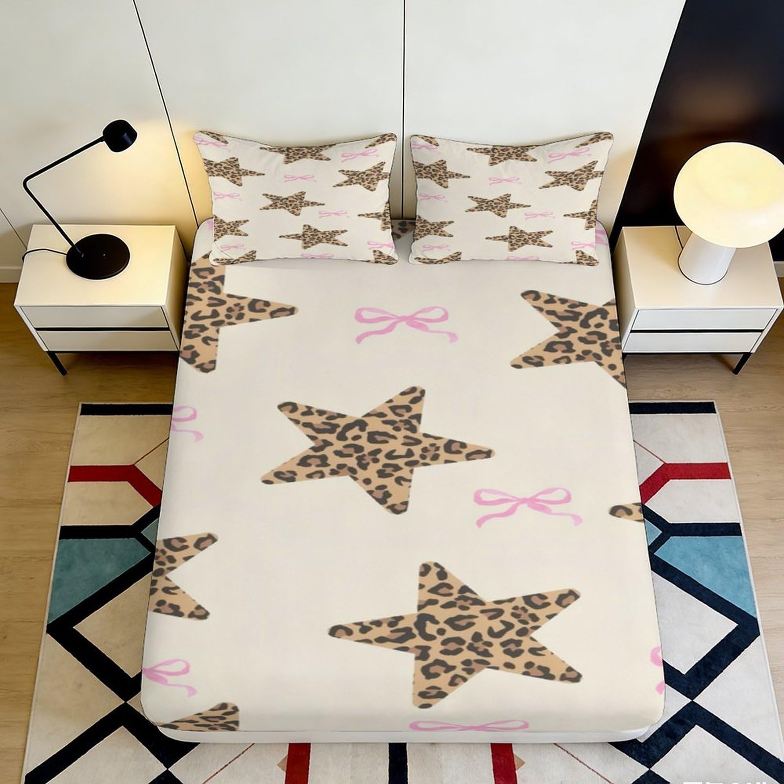 Uynsixtme Style-8 3D Printed Leopard Star Fitted Sheet Microfiber Non-Slip Deep Pocket Leopard Star Mattress Fitted Cover For Bedroom 200X200x25cm