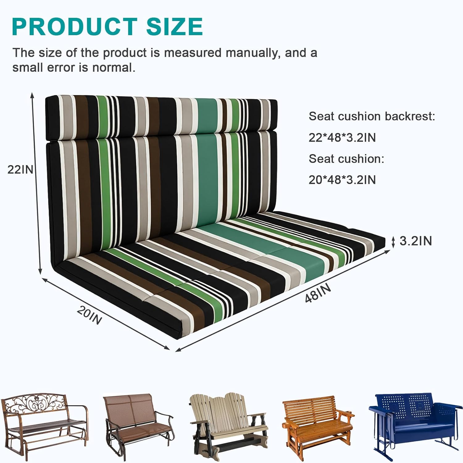 Outdoor Loveseat Cushions for Patio Furniture, One-Piece Seat and Back Cushion, Water-Repellent Fade-Resistant Olefin Fabric, 48-Inch Outdoor Cushion with High-Resilience Foam, Green Stripe