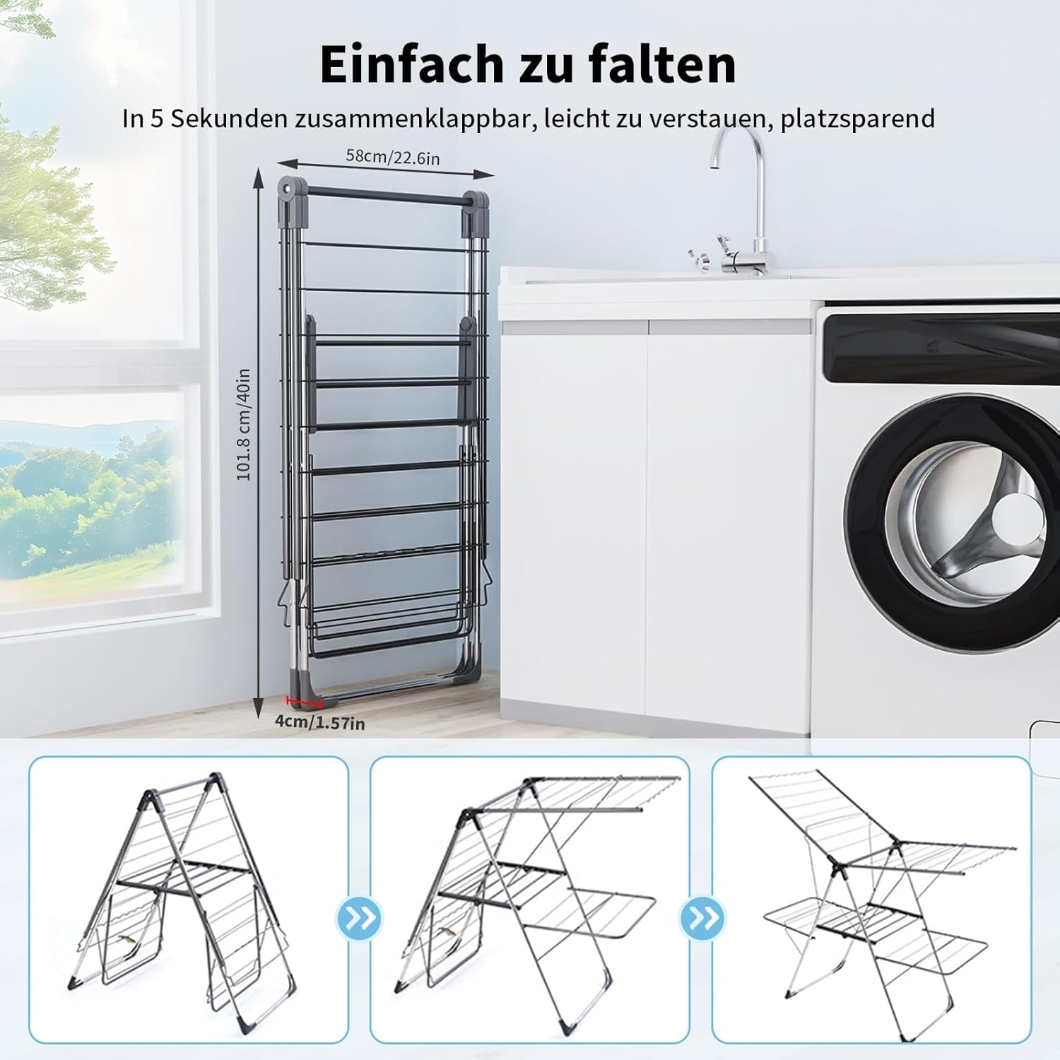 Innotic Wäscheständer Platzsparend Klappbar, Standtrockner mit 4 Flügeln & Ausziehbar, Wäscheständer Stabil für, Bad, Balkon,Heizkörper (Grau)