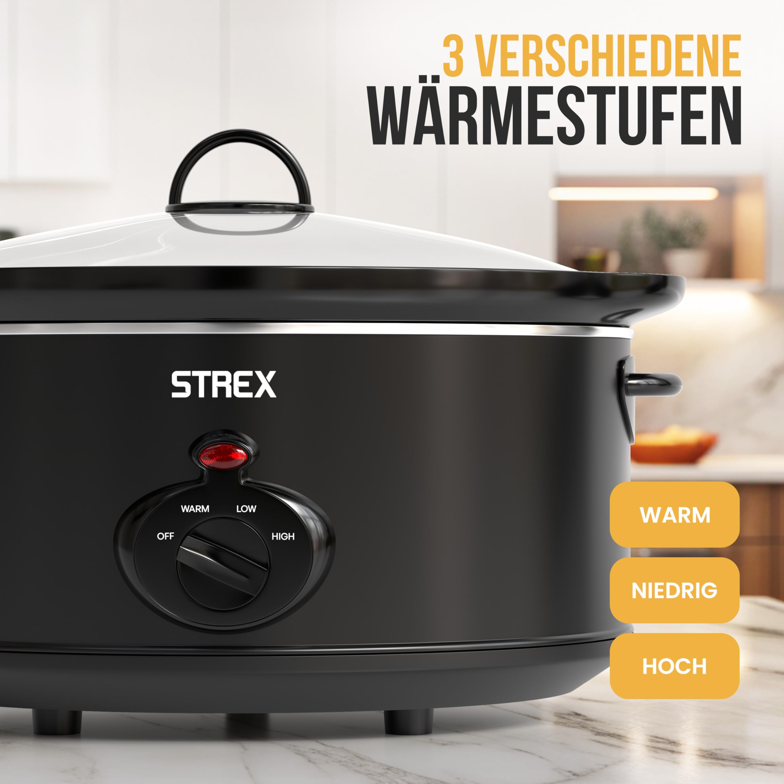 Strex Schongarer Slowcooker 6.5L - Herausnehmbarer Keramik-Innenbehälter - Warmhaltefunktion - Slow Cooker - Schwarz
