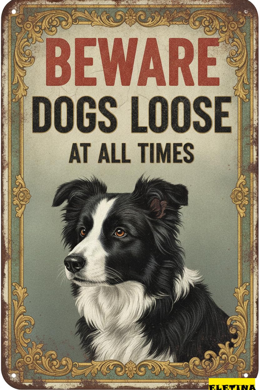 Dogs Loose Border Collie Warning Tin Sign, 8x12 Inch