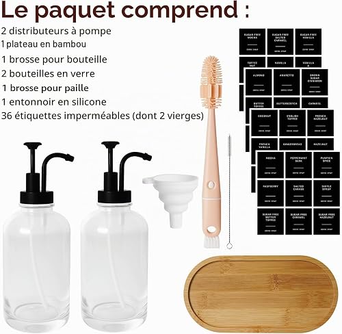 Distributeur Sirop pour Café, Set de 2 Bouteilles en Verre avec Pompes 500 ML pour Bar à Café - Inclus Étiquettes, Entonnoir, Plateau et Accessoires de Nettoyage - 6