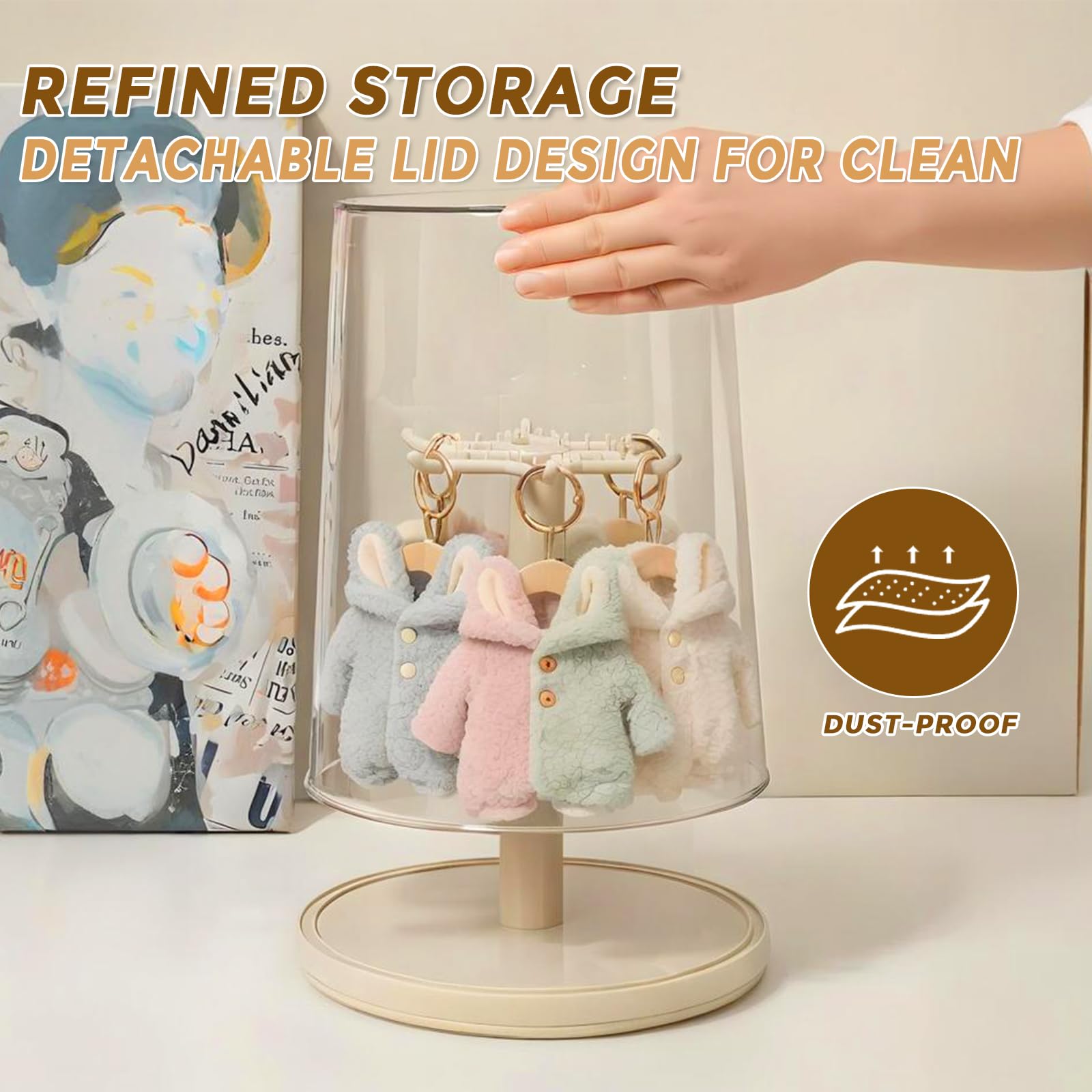 Organizador giratorio de ropa de muñeca con perchas, armario transparente de 360°, estante de exhibición de ropa de gran capacidad con tapa extraíble