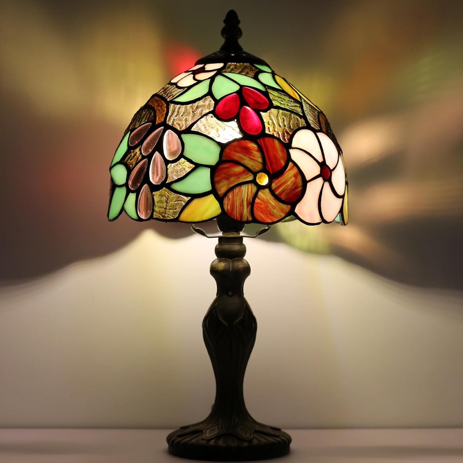Tiffany Style Lamp Stained Glass Table Lamp 8 x 14.5 Mini Accent Light Grape Design Small Decorative Bedside Reading Memory Lamp
