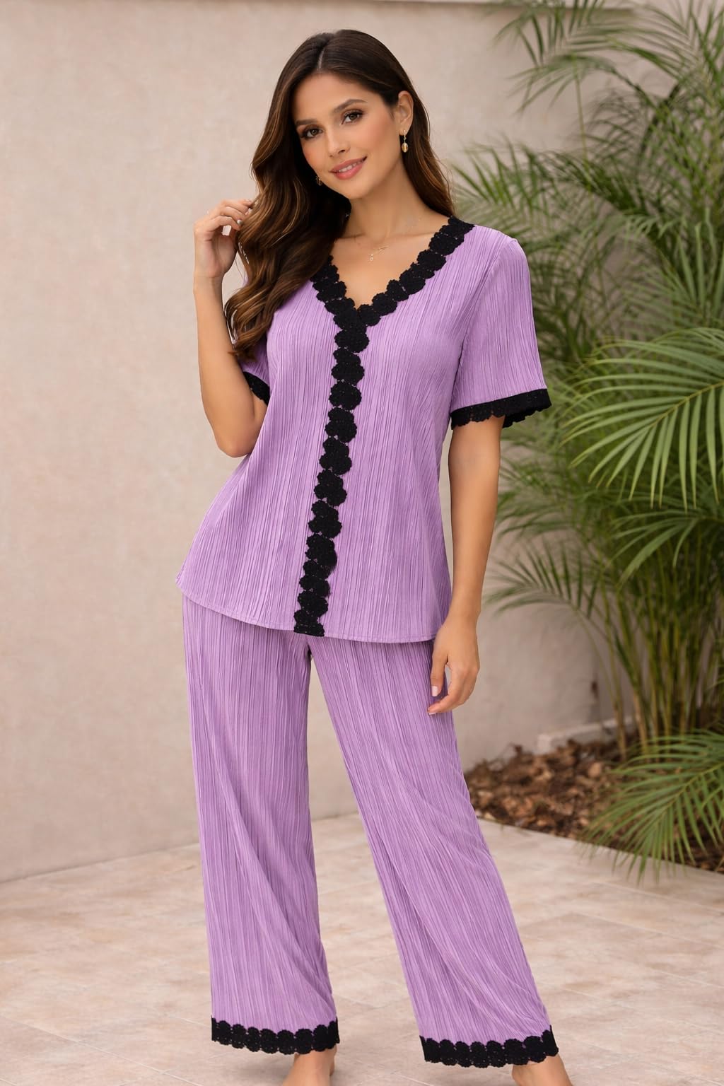 dossier’s Women's Co-Ord Set, Top and Pants, Black Lace Trim, V-Neck Short Sleeve Loungewear-picture-16