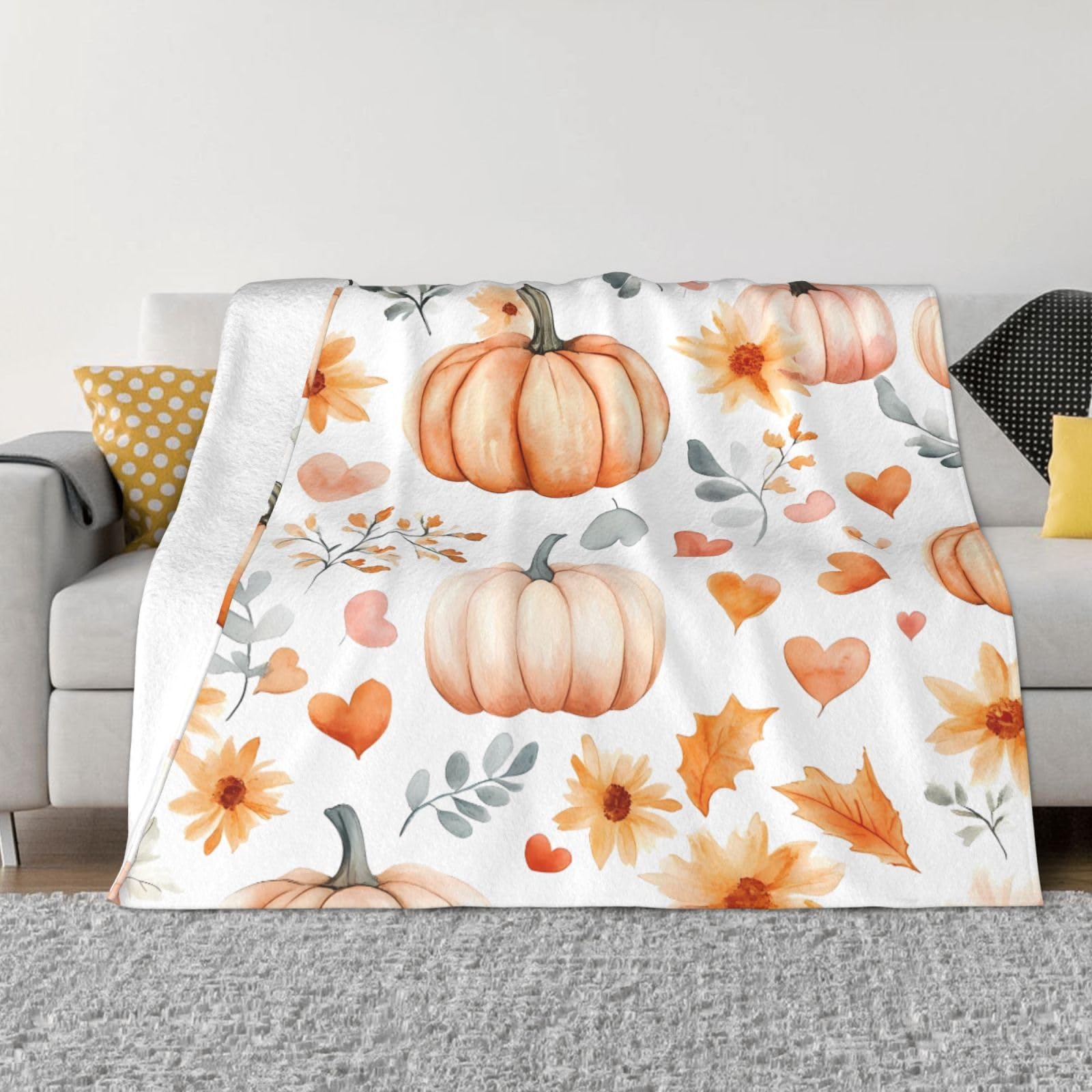 Couverture aquarelle cœur citrouilles plaid polaire chaud et doux pour lit