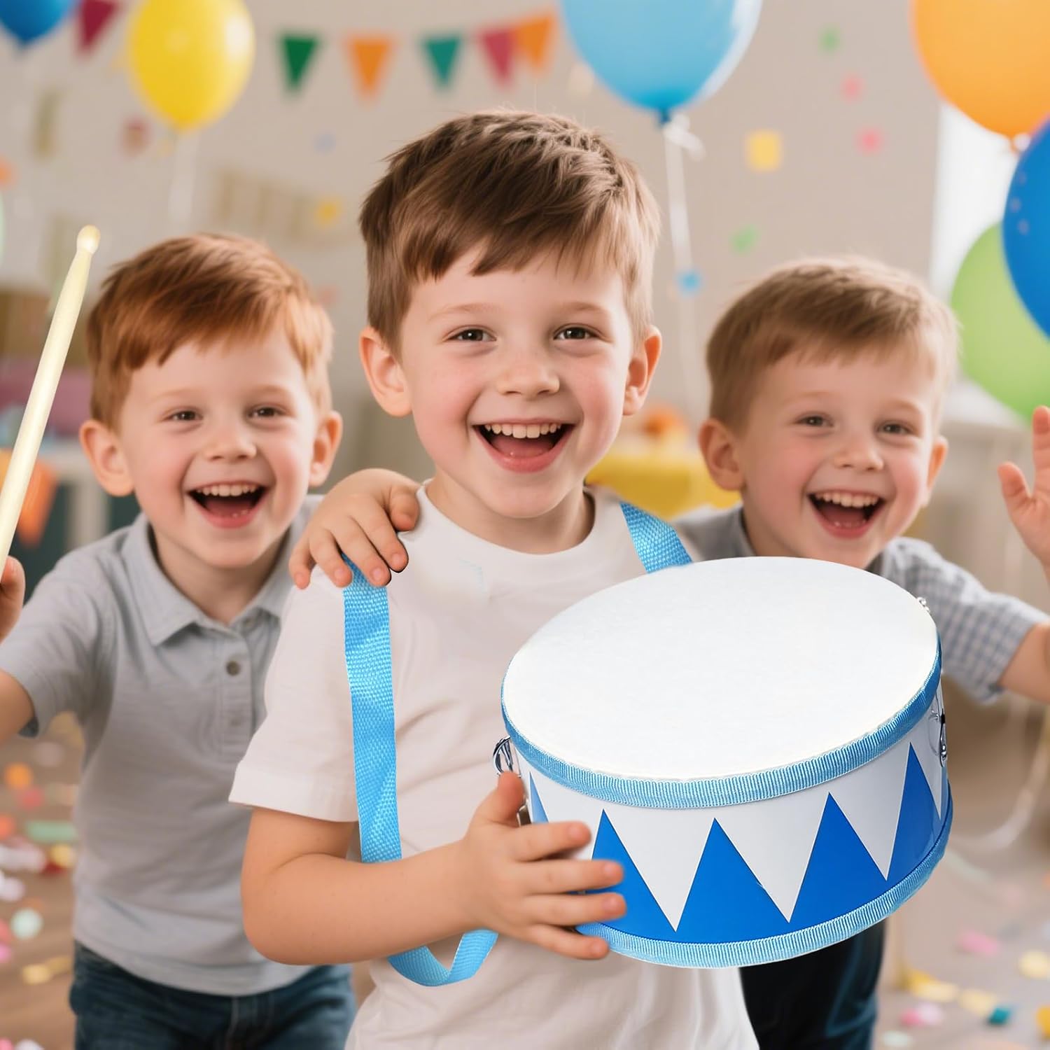 Kids Drum Set,8" Wooden Drum Toys with Adjustable Strap and 2 Drumsticks,Sensory Musical Instrument for Toddler Boys & Girls,Party Gift(Blue)