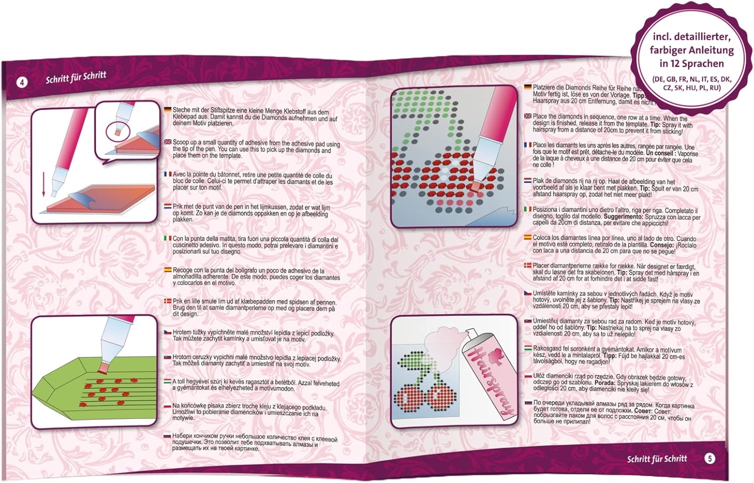 Lena 42646 Diamond Art Craft Set, Complete Set for 20 Stickers in Trendy Colours, with 10,000 Colourful Diamond Beads, Pen, Adhesive Foil, Sorting Tray and Instructions, Set for Children from 6 Years,