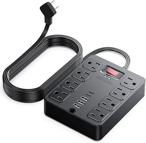 Tira de alimentación con protector de sobretensiones 13 en 1, enchufe plano, 8 salidas de CA, 3 puertos USB, 1250 W/10 A, cable de extensión de 5