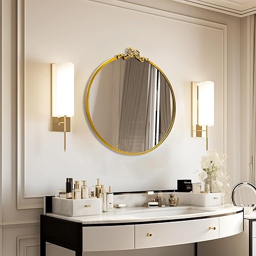 Miniatura 9 de Espejo de lazo dorado redondo vintage: espejos de baño antiguos de 27.5 pulgadas con marco de metal, adornos tradicionales barrocos