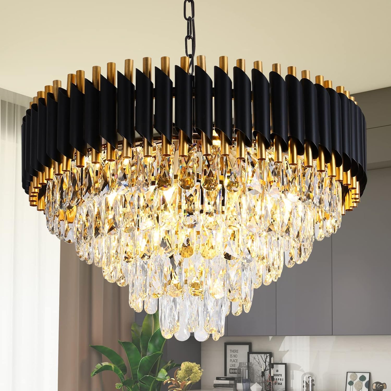 TRIXY Modern Crystal Chandelier, 600 mm Round, 5-Tier Black Gold, K9 Crystal Ceiling Light Fixture for Living Room and Hallway-image-48