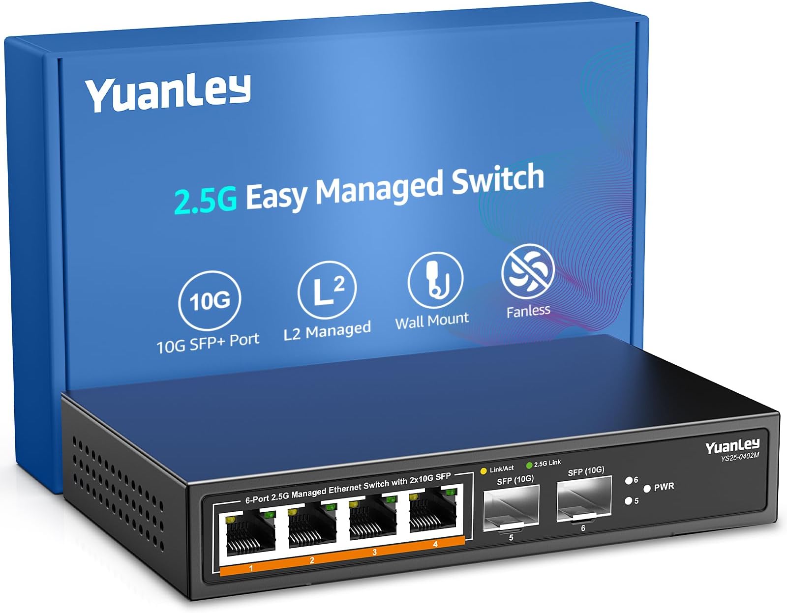 YuanLey 6 Port 2.5G Easy Web Managed Switch, 4 x 2.5Gbps Base-T, 2 x 10Gbps SFP+ Slot, Compatible with 100Mbps/1G/2.5G, QoS/VLAN/IGMP Supported, Metal Smart Managed Fanless Network Switch