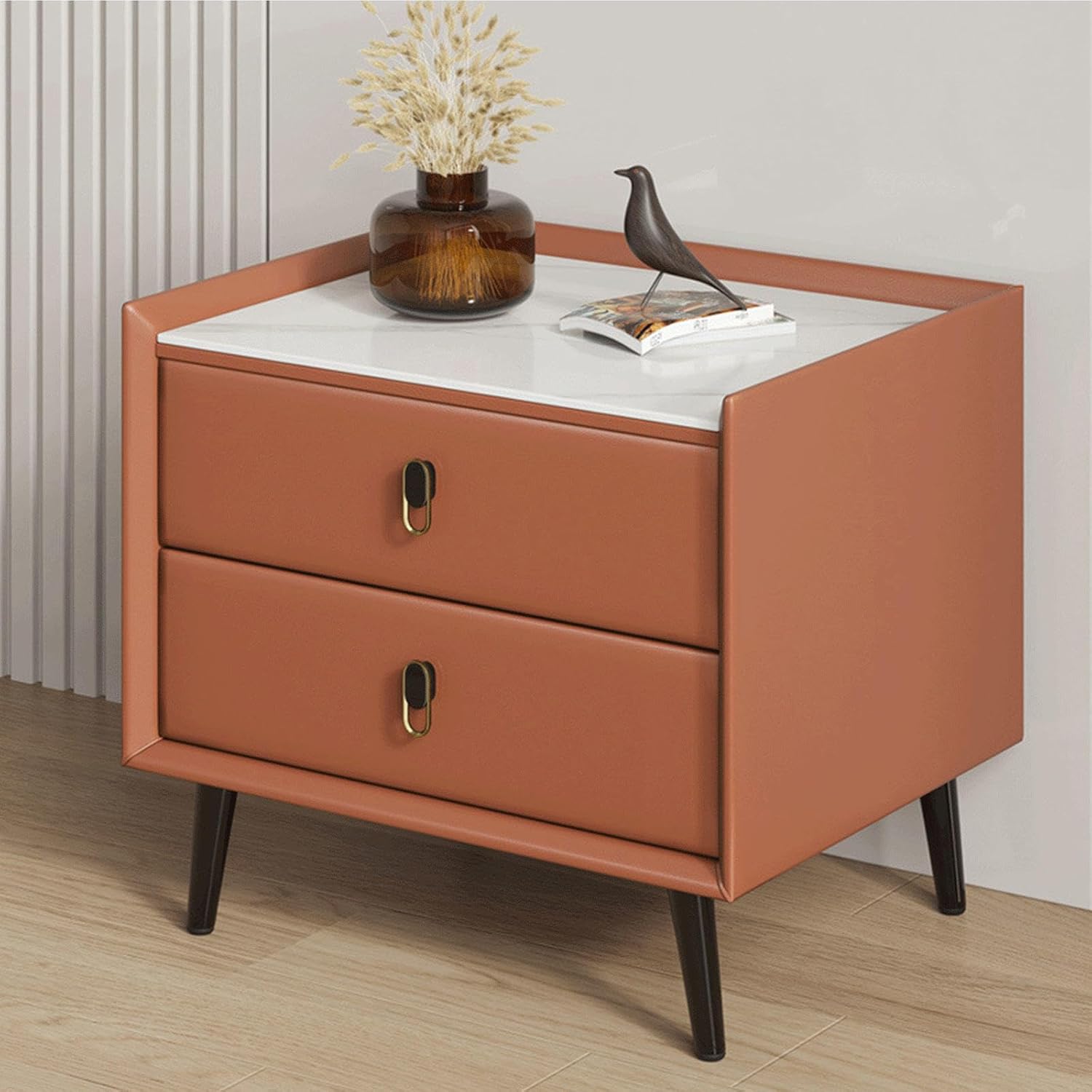 This Scandinavian Small Bedside Table with 2 Drawers, Wooden Nightstand for Bedroom, Living Room & Home Office, Compact Slate Side Table for Small Spaces