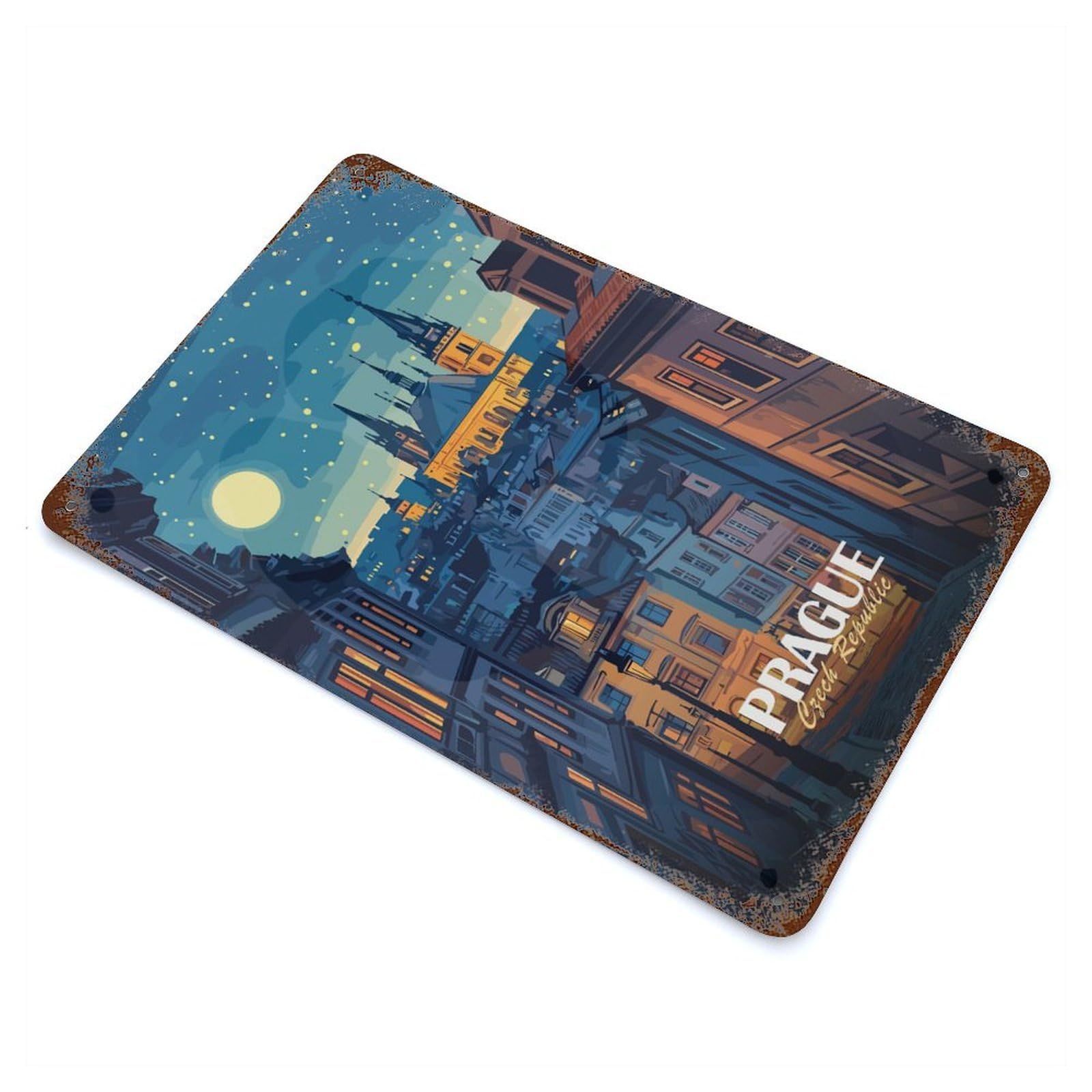 Weathered Tin Sign with Prague Czech Republic Night Cityscape Design 11.8"x7.9", for Basement, Hobby Room And Garage Decor, Industrial Home Decor