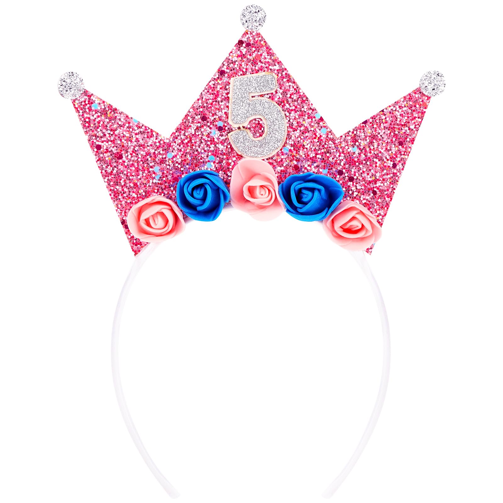 Vovii Birthday Headband for Girls, Princess Crown with Flower for 5 Year Old Girl Birthday Decorations, Pink Headband
