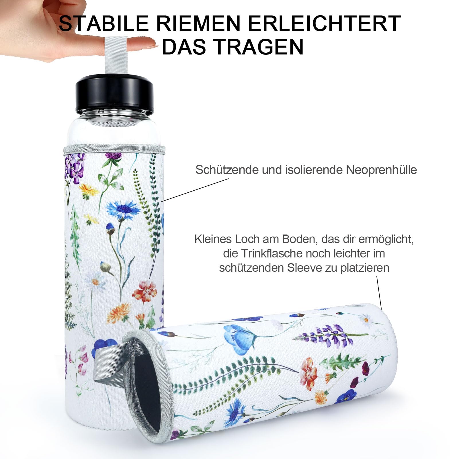 Bouteille d'eau Aquafloow, verre, 1 000 ml, motivante, avec manchon en silicone Bouteille d'eau Aquafloow, verre, 1 000 ml, motivante, avec manchon en silicone
