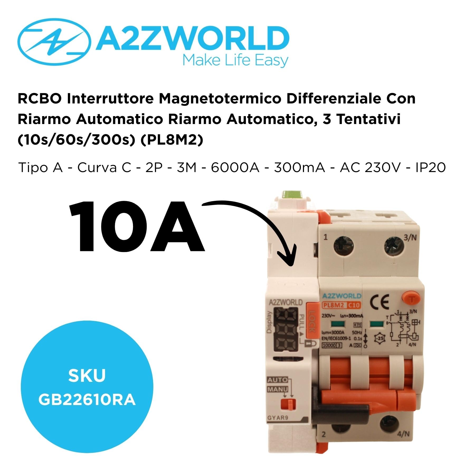 Interruttore Magnetotermico Differenziale Con Riarmo Automatico, RCBO Tipo A Curva C, Idn 300mA / 0.3A, In 20A, 2P Veri 6kA, 3 Moduli, con 3 Tentativi di Riarmo (10s/60s/300s)