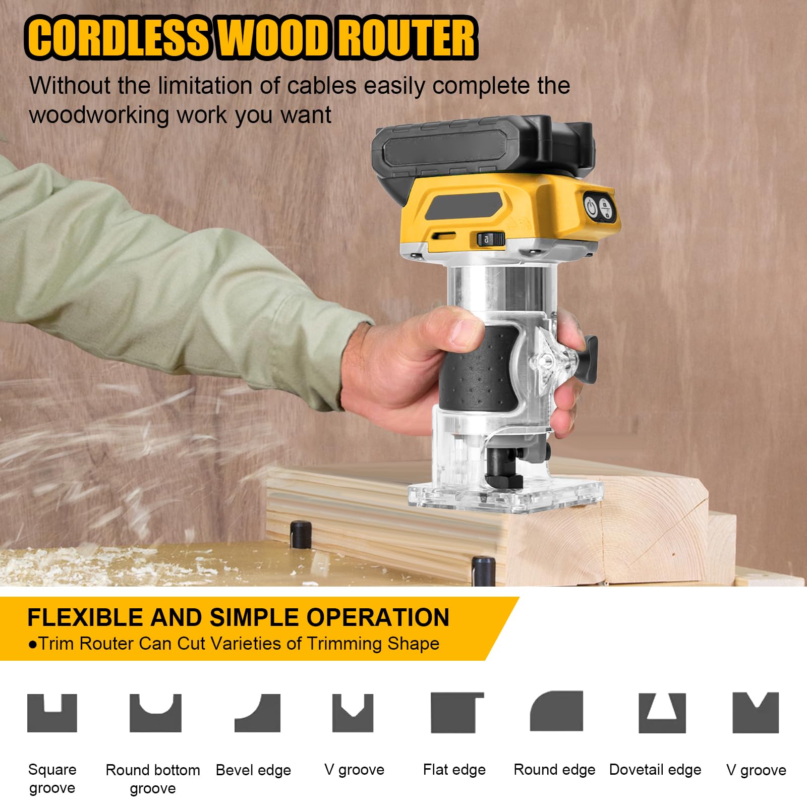 Akku Oberfräse kompatibel mit Dewalt 18V Akku, 1300W Oberfräse Trimmer Einhandfräse, Bürstenloser Kantenfräser mit 6 Geschwindigkeit, 28.000 U/min Akku-Holzfräser für Holzbearbeitung (no Ak-ku)